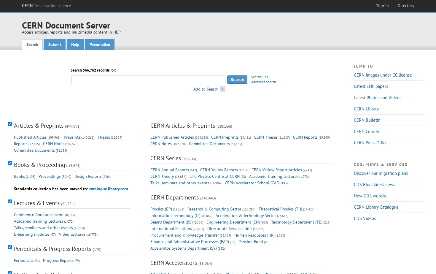 CERN Document Server 页面快照